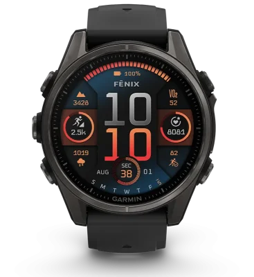 Garmin Fenix 8 43 mm Amoled Safirglas Gr DLC-titan med svart/stengrtt silikonarmband 010-02903-21