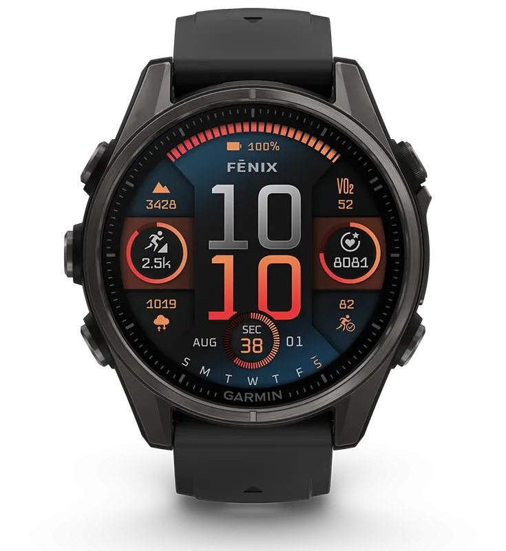 Garmin Fenix 8 43 mm Amoled Safirglas Gr DLC-titan med svart/stengrtt silikonarmband 010-02903-21