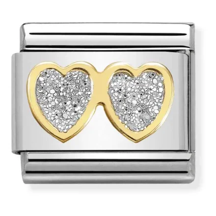 Nomination Composable Classic L&auml;nk Dubbel Hj&auml;rta Glitter