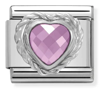 Nomination Länk med hjärtformad fasetterad rosa sten och silver