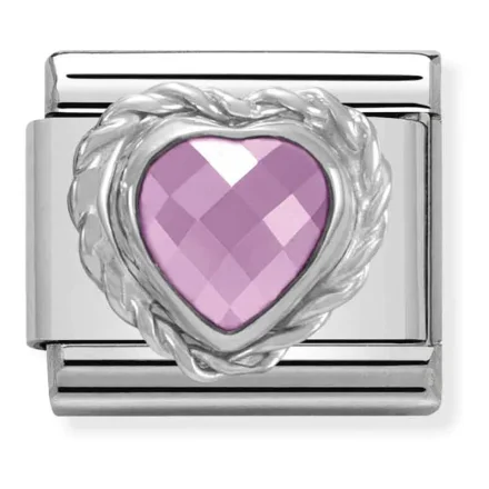 Nomination L&auml;nk med hj&auml;rtformad fasetterad rosa sten och silver