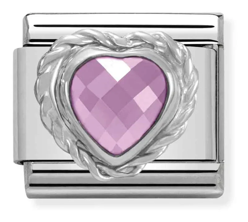 Nomination Länk med hjärtformad fasetterad rosa sten och silver