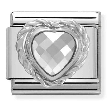 Nomination Composable Classic L�nk med hj�rtformad fasetterad vit sten och silver