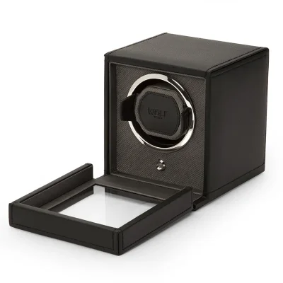 WOLF1834 Kubformad Watch Winder fr en Klocka med Lock i Svart