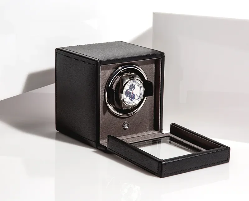 WOLF1834 Kubformad Watch Winder fr en Klocka med Lock i Svart