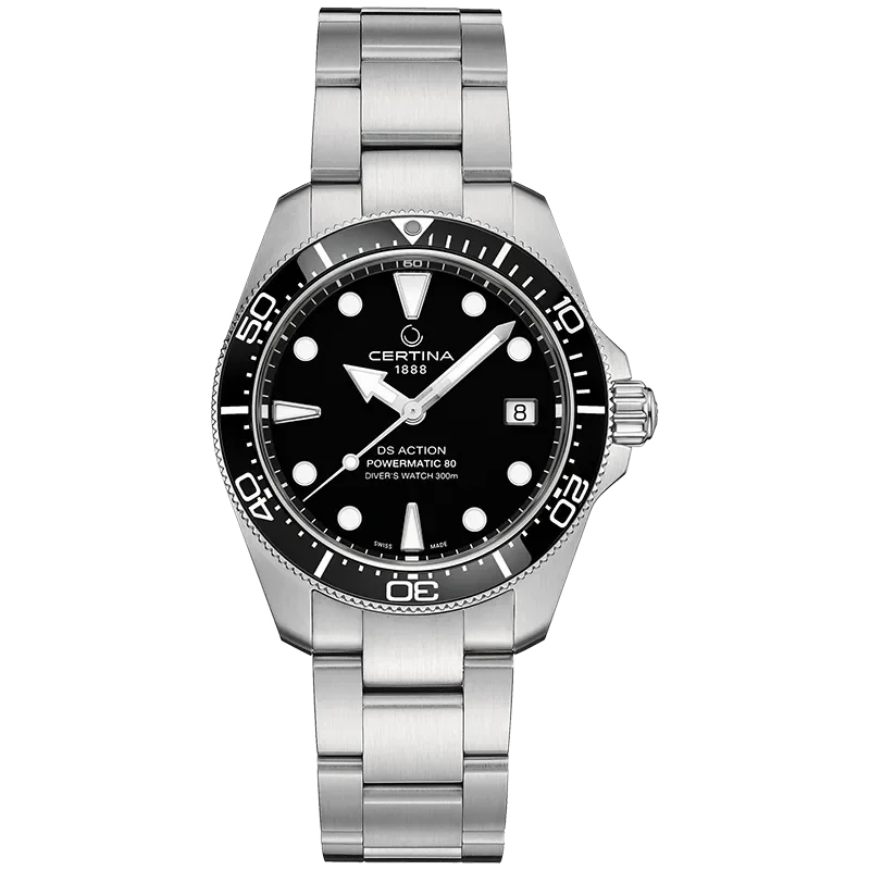 DS Action 38mm Mechanical, automatic winding
80 h Power Reserve
Nivachron
ETA
Swiss Made Diver's watch 300m according to ISO 6425:2018 - C048.807.11.051.00 