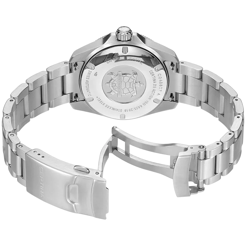 DS Action 38mm Mechanical, automatic winding
80 h Power Reserve
Nivachron
ETA
Swiss Made Diver's watch 300m according to ISO 6425:2018 - C048.807.11.051.00 