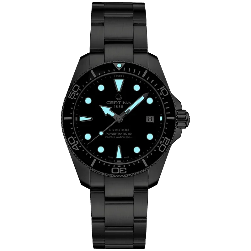 DS Action 38mm Mechanical, automatic winding
80 h Power Reserve
Nivachron
ETA
Swiss Made Diver's watch 300m according to ISO 6425:2018 - C048.807.11.051.00 
