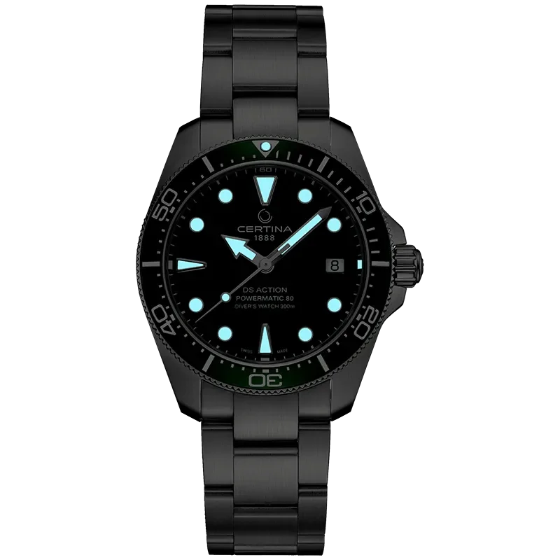 DS Action 38mm Mechanical, automatic winding
80 h Power Reserve
Nivachron
ETA
Swiss Made Diver's watch 300m according to ISO 6425:2018 - C048.807.11.091.00 