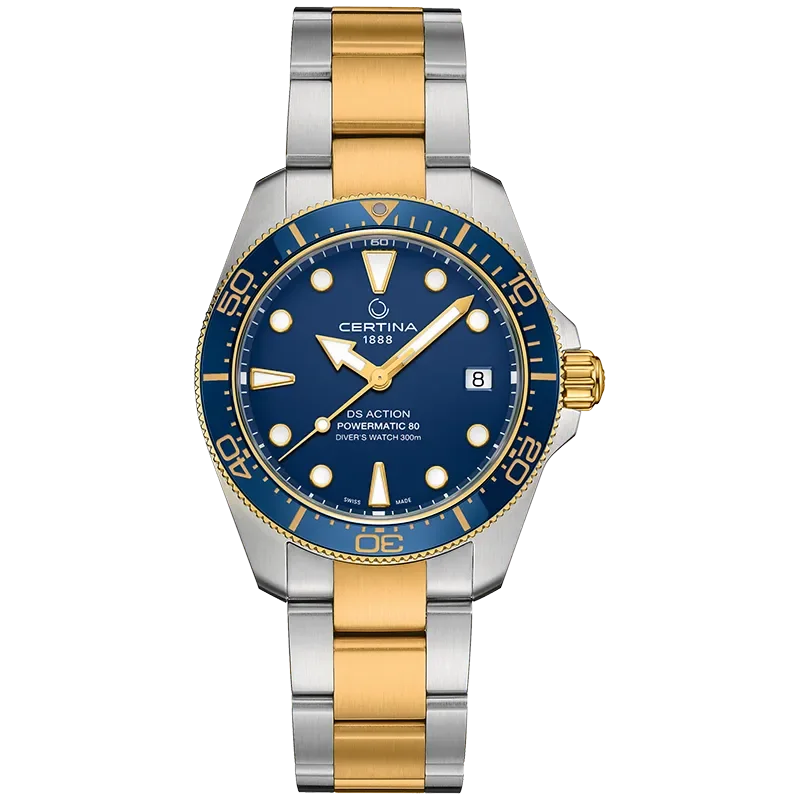 DS Action 38mm Mechanical, automatic winding
80 h Power Reserve
Nivachron
ETA
Swiss Made Diver's watch 300m according to ISO 6425:2018 - C048.807.22.041.00 