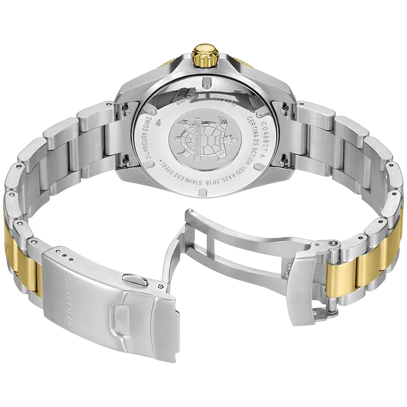 DS Action 38mm Mechanical, automatic winding
80 h Power Reserve
Nivachron
ETA
Swiss Made Diver's watch 300m according to ISO 6425:2018 - C048.807.22.041.00 