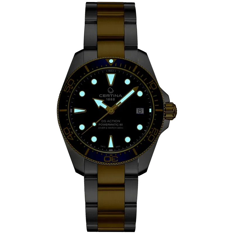 DS Action 38mm Mechanical, automatic winding
80 h Power Reserve
Nivachron
ETA
Swiss Made Diver's watch 300m according to ISO 6425:2018 - C048.807.22.041.00 