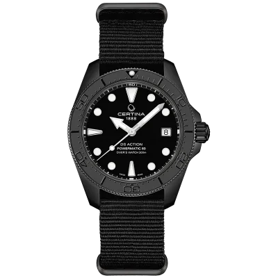 DS Action 38mm Mechanical, automatic winding
80 h Power Reserve
Nivachron
ETA
Swiss Made Diver's watch 300m according to ISO 6425:2018 - C048.807.38.051.00 