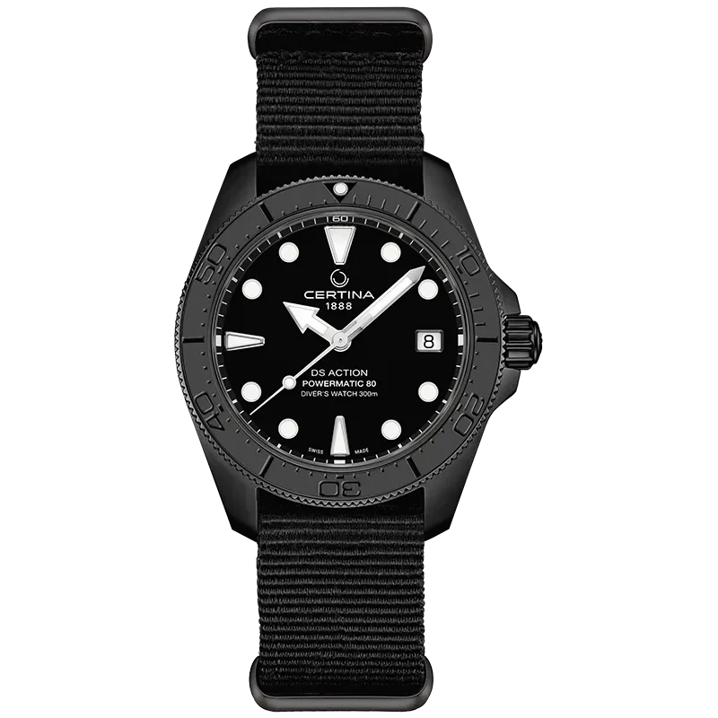 DS Action 38mm Mechanical, automatic winding
80 h Power Reserve
Nivachron
ETA
Swiss Made Diver's watch 300m according to ISO 6425:2018 - C048.807.38.051.00 