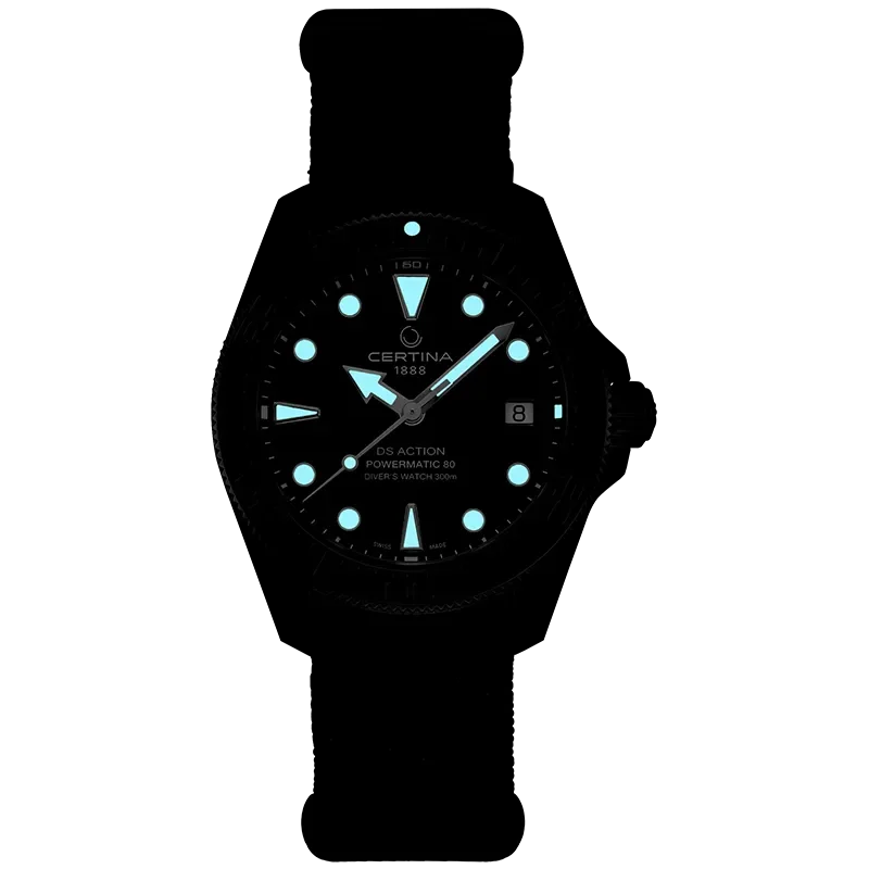 DS Action 38mm Mechanical, automatic winding
80 h Power Reserve
Nivachron
ETA
Swiss Made Diver's watch 300m according to ISO 6425:2018 - C048.807.38.051.00 