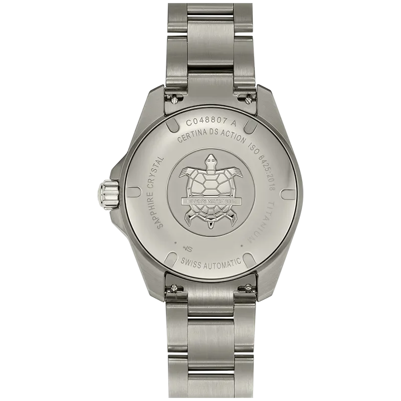 DS Action 38mm Mechanical, automatic winding
80 h Power Reserve
Nivachron
ETA
Swiss Made Diver's watch 300m according to ISO 6425:2018 - C048.807.44.051.00 