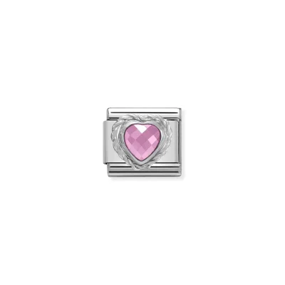 Nomination Länk med hjärtformad fasetterad rosa sten och silver