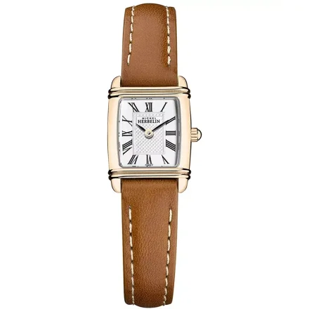 MICHEL HERBELIN MINI ART DECO ROSE GOLD BROWN LEATHER STRAP
