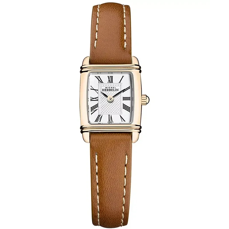 MICHEL HERBELIN MINI ART DECO ROSE GOLD BROWN LEATHER STRAP
